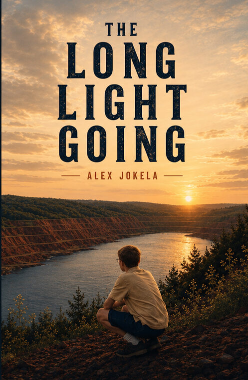 Cover of The Long Light Going: a boy crouched above a flooded mine pit at sunset